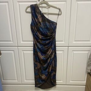 Elliatt One-Shoulder Dress in Blue and Brown Tones
